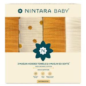2 Muslin Baby Hooded Towels + 4 So-Softs™ Washcloths Set | Butterscotch Stars + Butterscotch