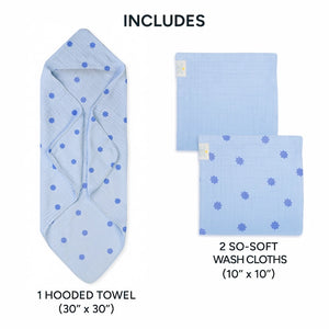 1 Muslin Baby Hooded Towel + 2 So-Softs™ Washcloths Set | Blue Stars