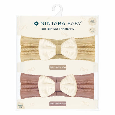 Buttery Soft Baby Hairband - Set of 2 | Winter Pink Bow + Baby Mocha Bow