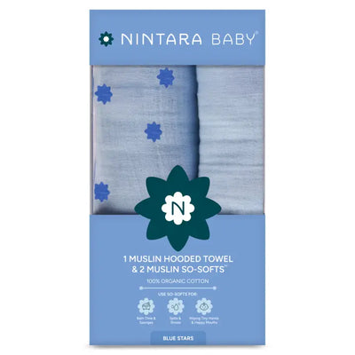 1 Muslin Baby Hooded Towel + 2 So-Softs™ Washcloths Set | Blue Stars