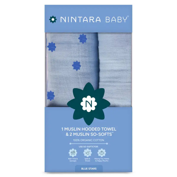 1 Muslin Baby Hooded Towel + 2 So-Softs™ Washcloths Set | Blue Stars