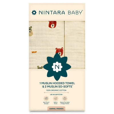 1 Muslin Baby Hooded Towel  + 2 So-Softs™ Washcloths Set | Animal Friends