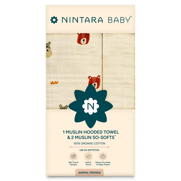 1 Muslin Baby Hooded Towel  + 2 So-Softs™ Washcloths Set | Animal Friends