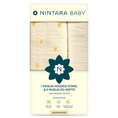 1 Muslin Baby Hooded Towel  + 2 So-Softs™ Washcloths Set | Golden Bloom