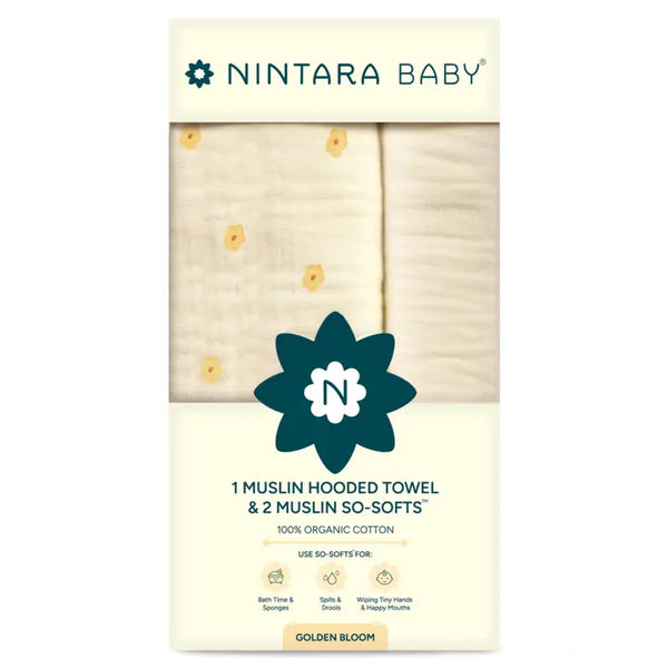 1 Muslin Baby Hooded Towel  + 2 So-Softs™ Washcloths Set | Golden Bloom