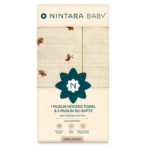 1 Muslin Baby Hooded Towel  + 2 So-Softs™ Washcloths Set | Flutter Friends