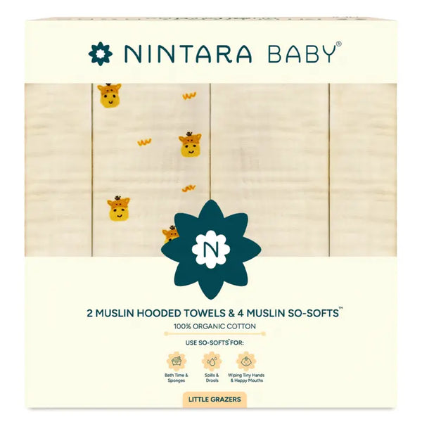 2 Muslin Baby Hooded Towels  + 4 So-Softs™ Washcloths Set | Little Grazers +  Warm White
