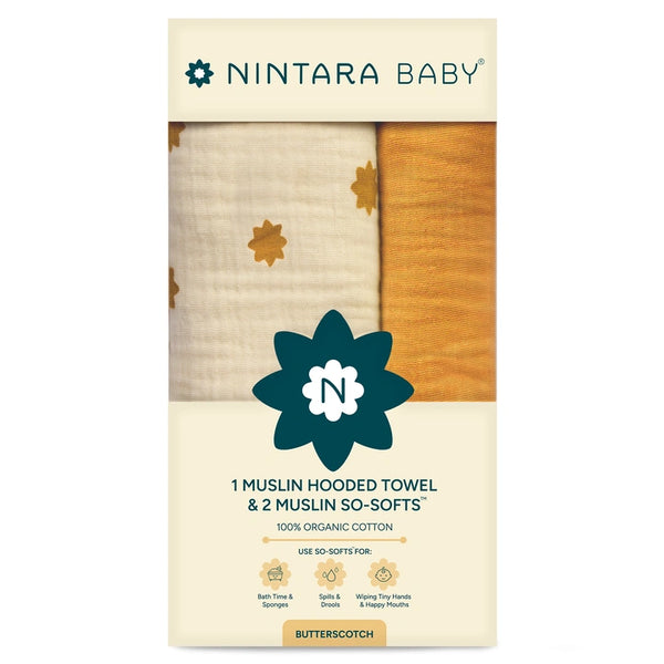 1 Muslin Baby Hooded Towel  + 2 So-Softs™ Washcloths Set | Butterscotch Stars