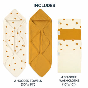 2 Muslin Baby Hooded Towels  + 4 So-Softs™ Washcloths Set | Butterscotch Stars + Butterscotch