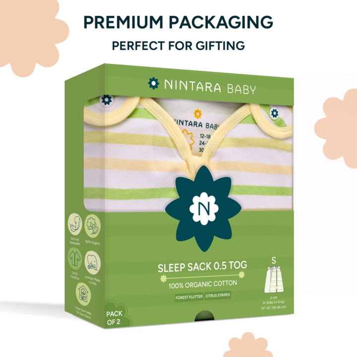 Baby Sleep Sack 0.5 TOG - Set of 2 | Citrus Stripes + Forest Flutter