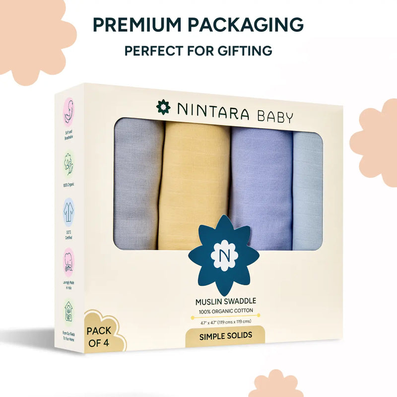 Muslin Baby Swaddle - Extra-Large - Set of 4 | Simple Solids