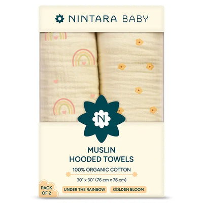 Muslin Baby Hooded Towel - Set of 2 | Under The Rainbow + Golden Bloom